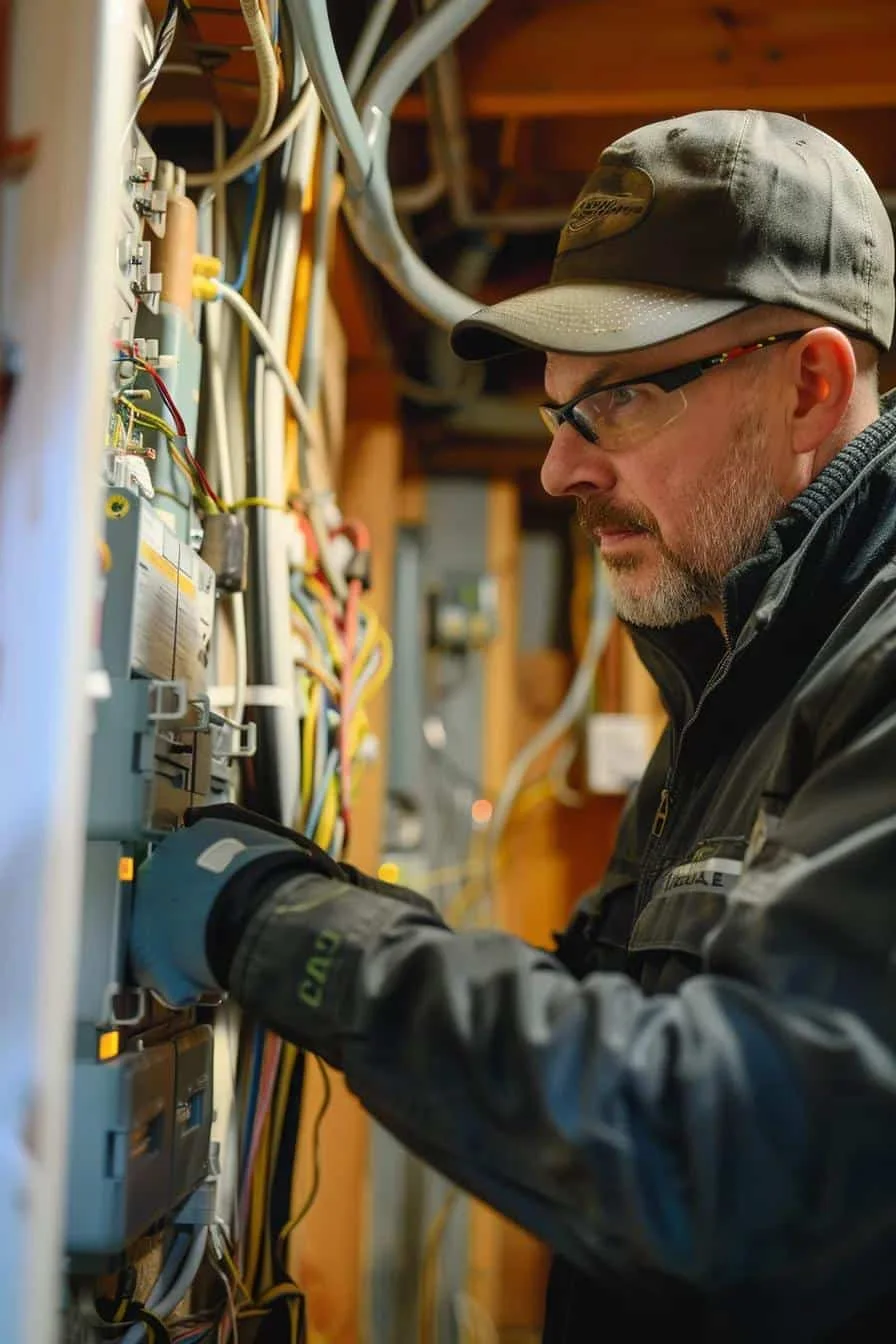 Electrician inspecting home wiring for safety and compliance