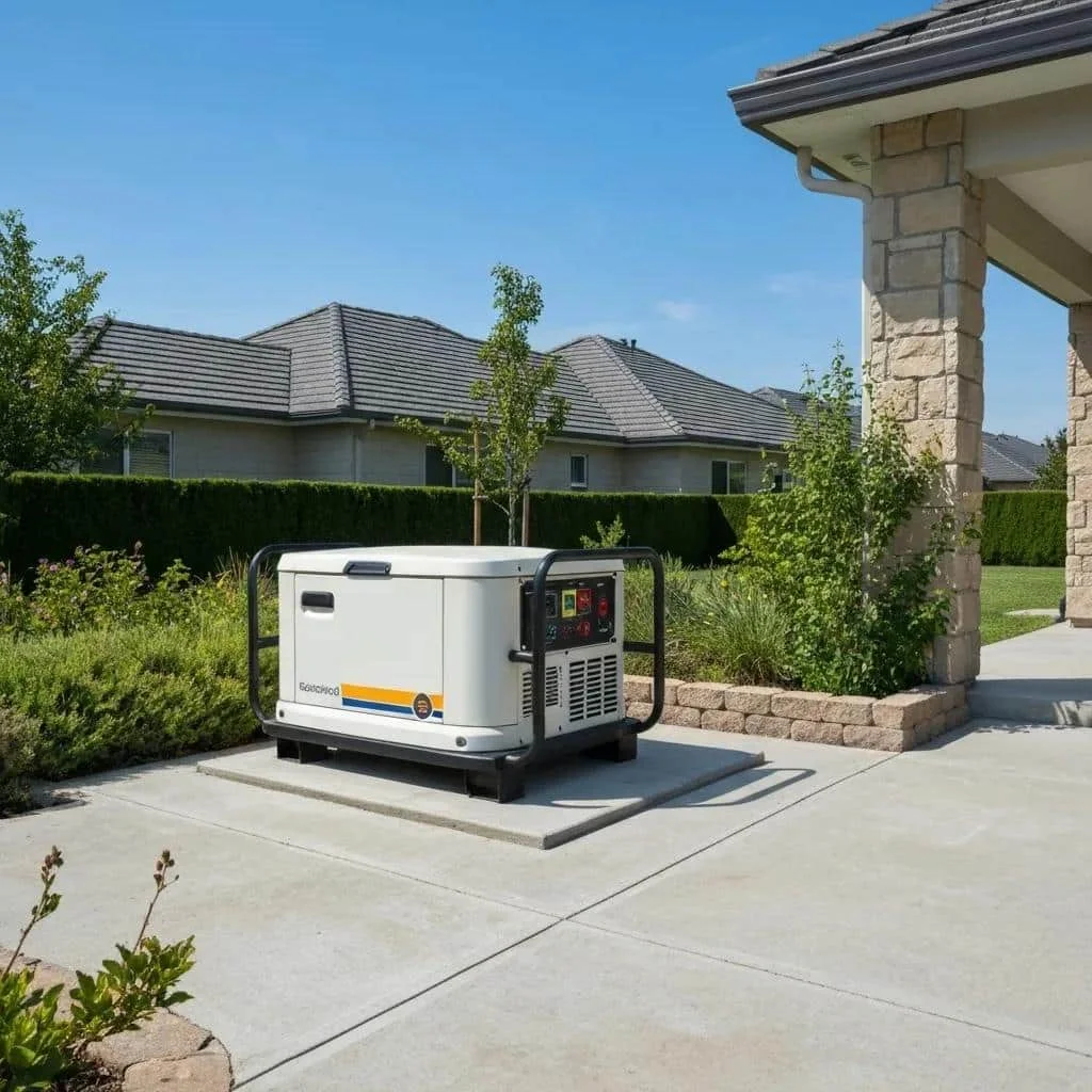 Modern home backup generator installed outside a house in a suburban garden