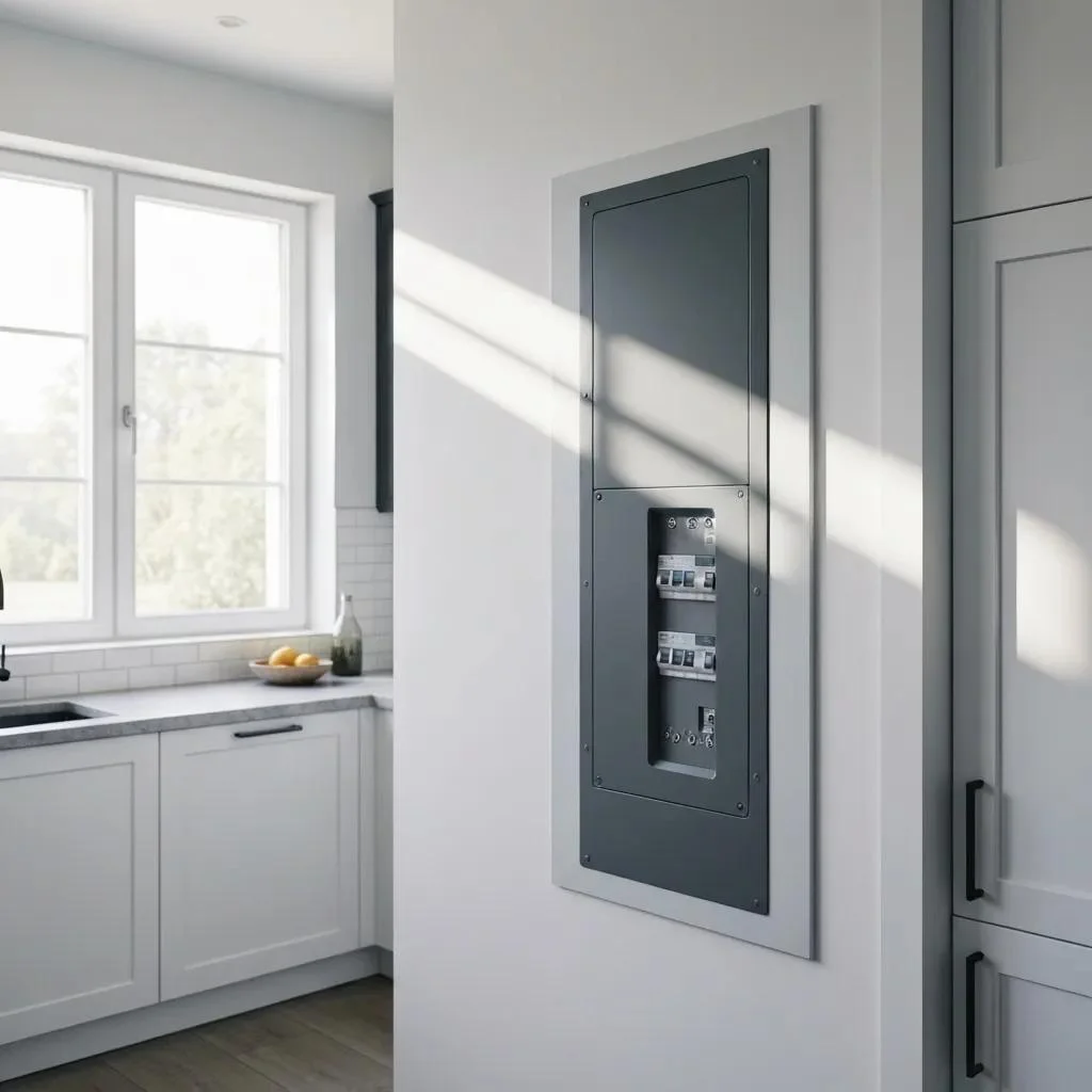 A modern electrical panel, showcasing advanced safety features and technology within a home