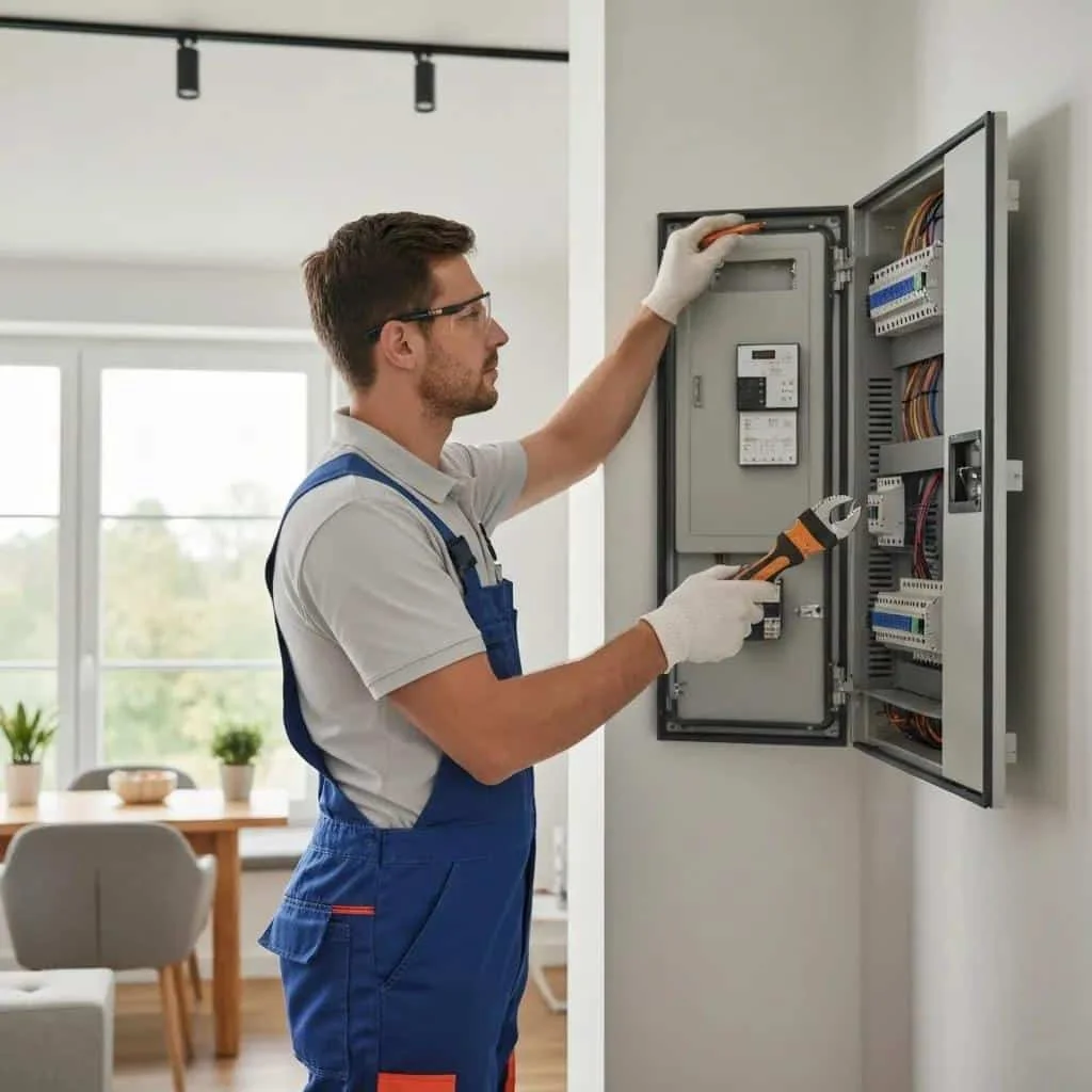 Electrician inspecting electrical panel with tools in modern home setting, emphasizing electrical safety inspections for homeowners.