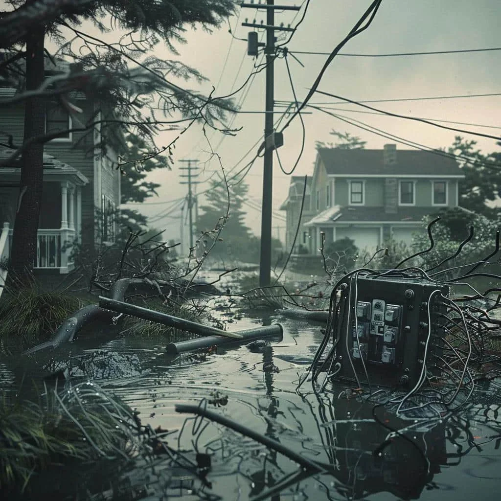 Storm-damaged neighborhood with flooded street, downed power lines, and exposed electrical panel, illustrating urgent need for emergency electrical services after severe weather.