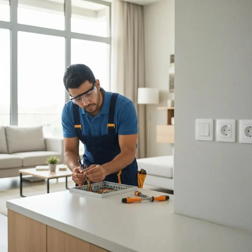 Electrician inspecting residential wiring in a modern home