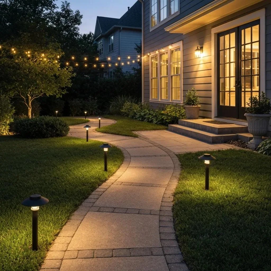 Outdoor lighting fixtures enhancing a home's exterior at dusk