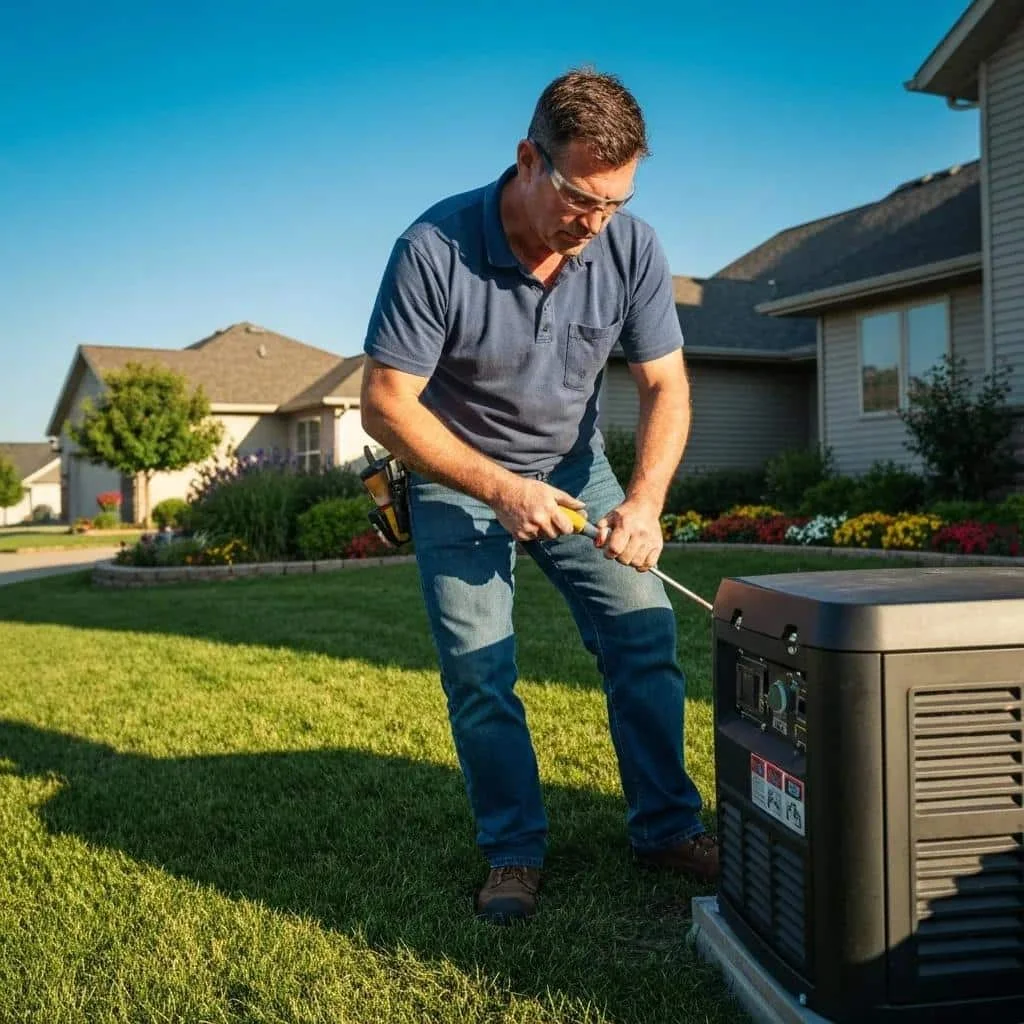 Man installing a whole-house generator in a residential yard, demonstrating generator setup for reliable power solutions in Central Iowa.
