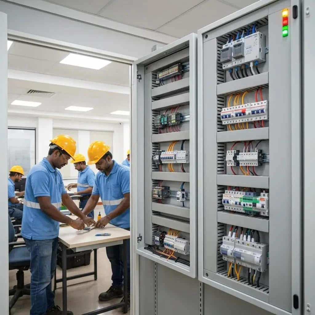 Technicians in safety helmets working on a commercial electrical panel upgrade in a well-lit environment, showcasing modern electrical systems and equipment.