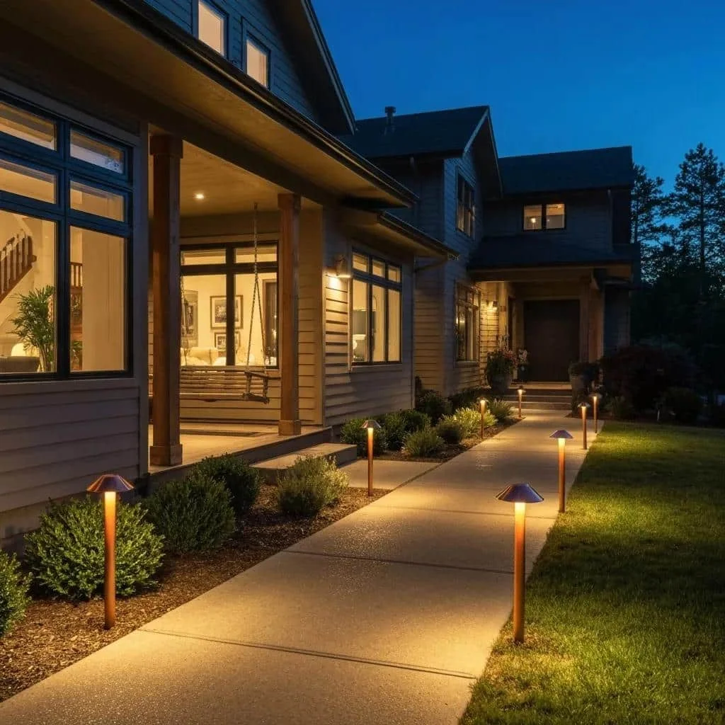 Exterior of a well-lit home at dusk, featuring a landscaped pathway illuminated by stylish garden lights, showcasing professional lighting design to enhance curb appeal and safety.