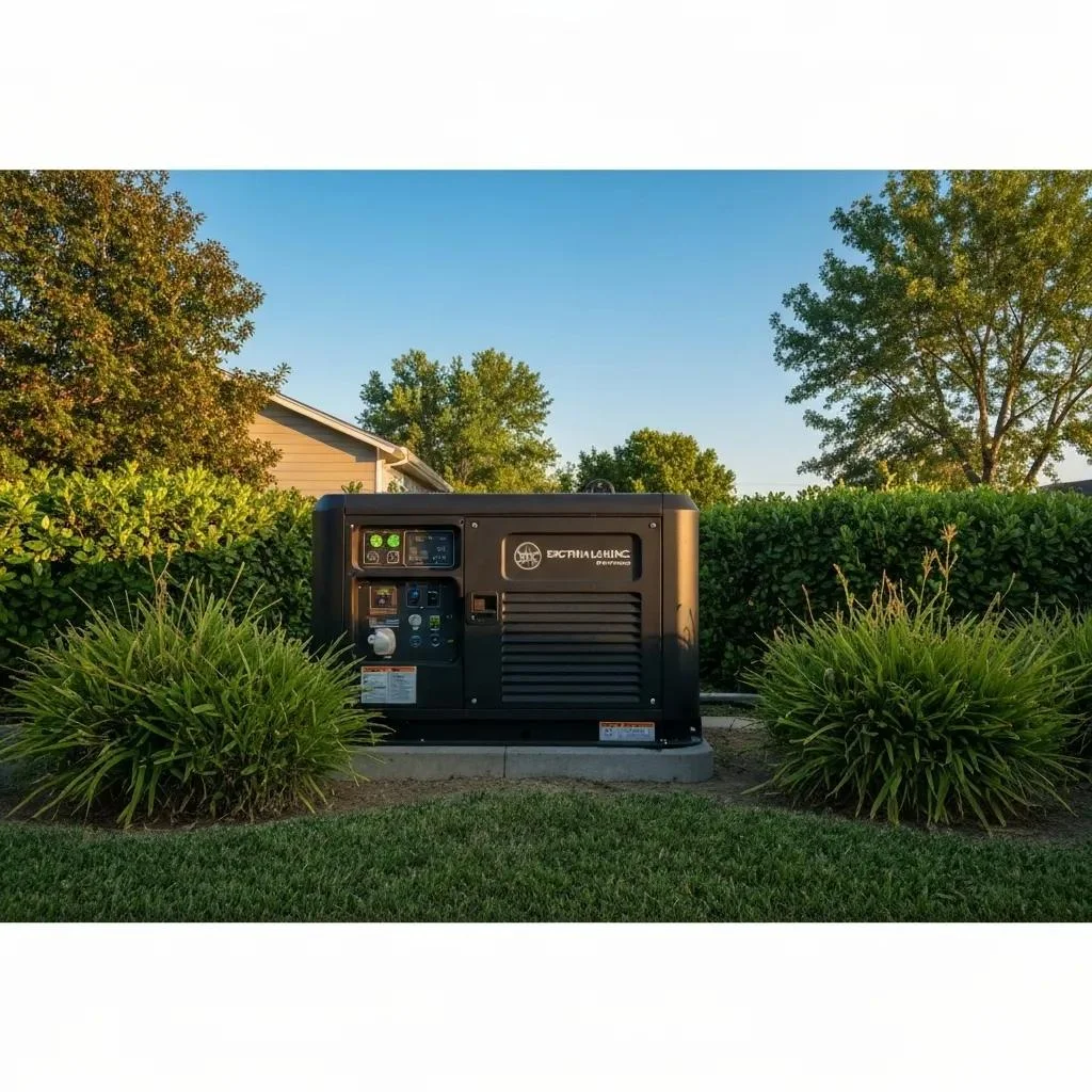 Whole house generator in a landscaped yard, showcasing maintenance features and control panel, emphasizing the importance of generator upkeep for reliable power supply.