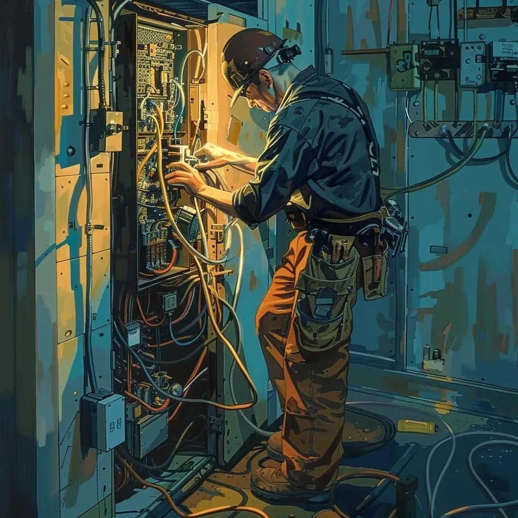 Licensed electrician working on electrical panel with tools and wires in a residential setting, emphasizing the importance of professional expertise for safety and compliance in home electrical repairs.