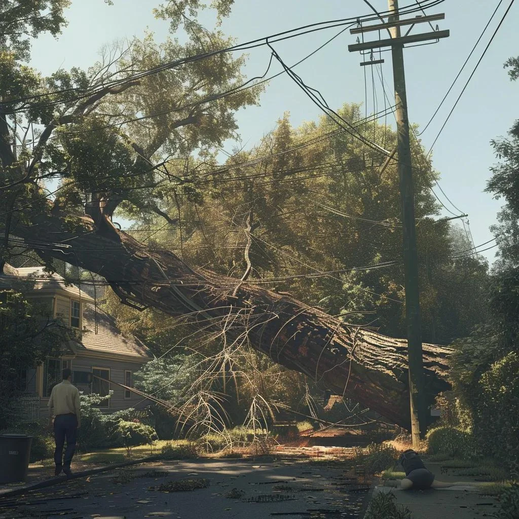 Tree fallen on powerline in residential area, posing urgent safety hazard, with power lines down and nearby house visible.