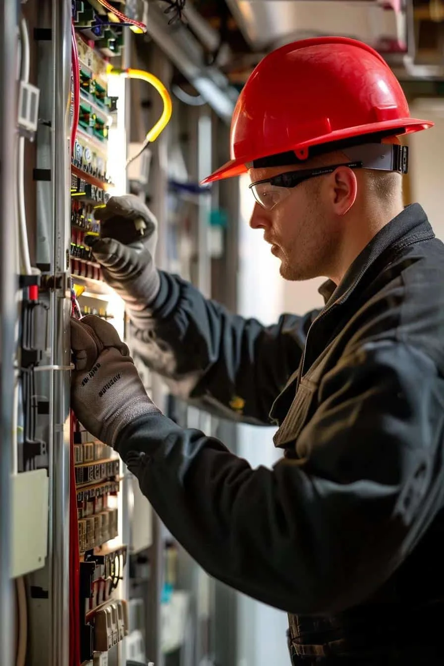 Electrician in red hard hat inspecting electrical panel, ensuring safety and code compliance in Ankeny home.