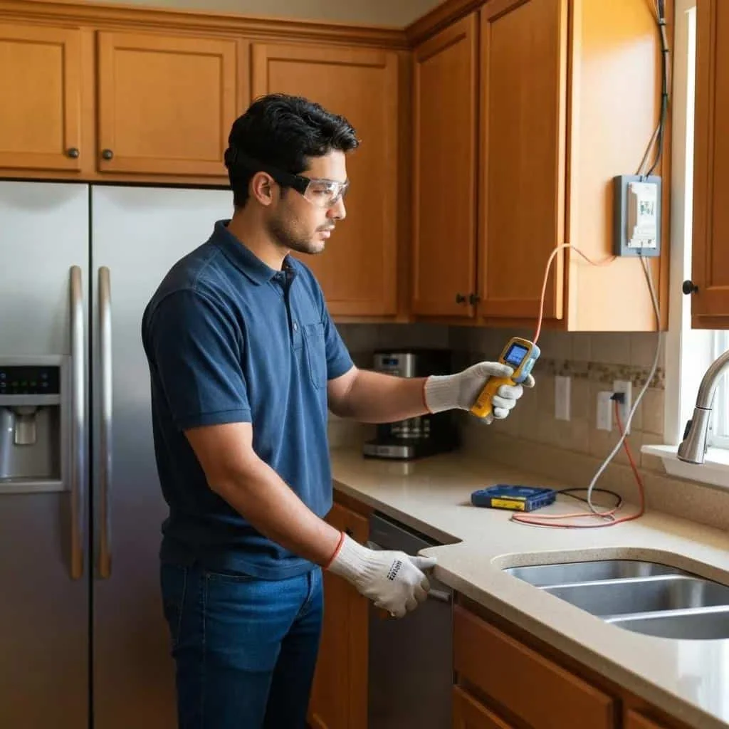 Certified electrician inspecting residential electrical systems with thermal imaging camera