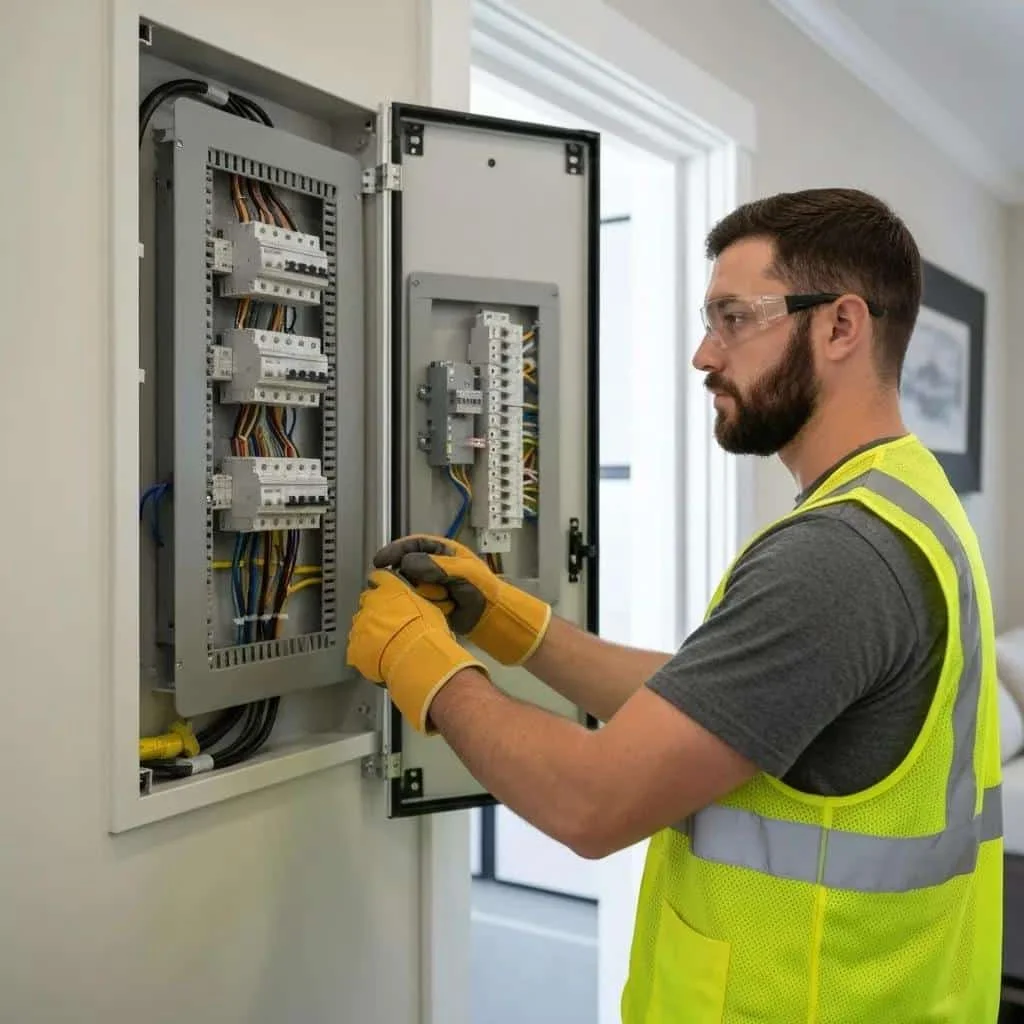 Electrician upgrading an electrical panel in a West Des Moines home, showcasing modern safety features and organized wiring