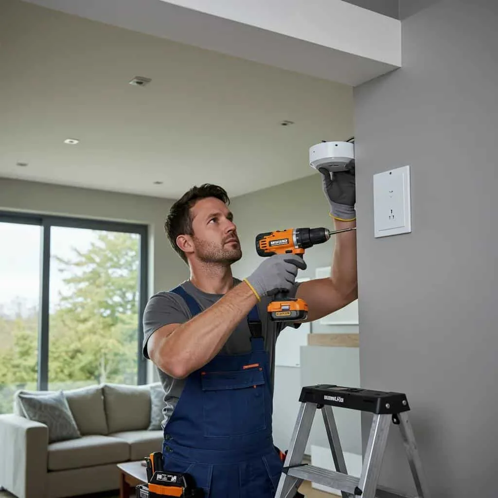 Electrician installing a smoke detector in a modern home, highlighting safety and professionalism