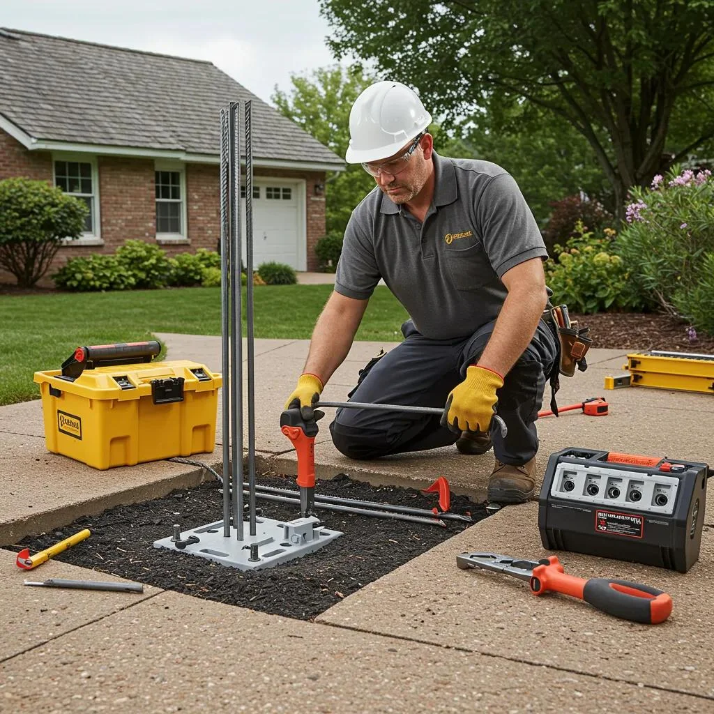 Electrician installing an electrical grounding system in a residential area, showcasing safety and professionalism