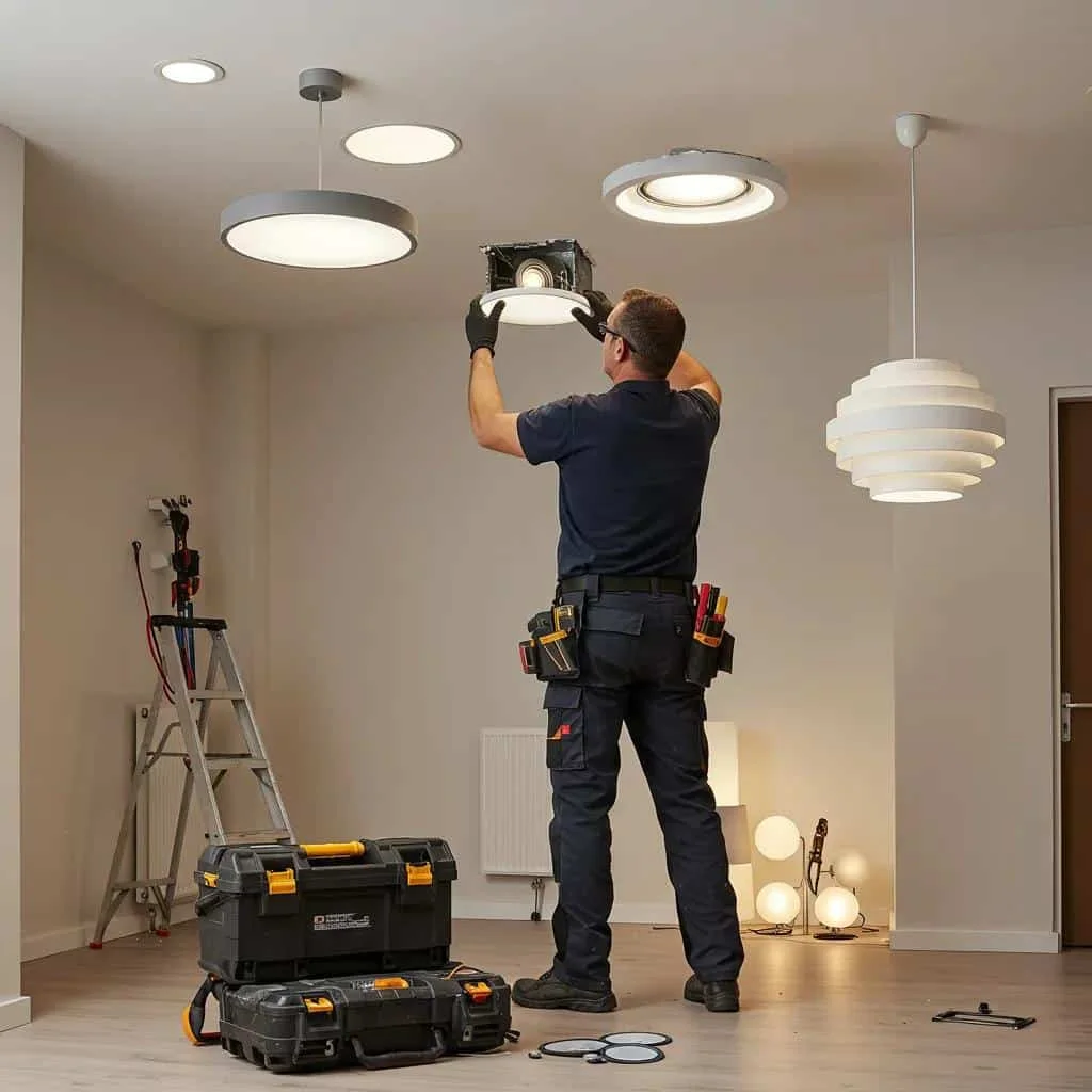 Electrician installing modern light fixtures in a stylish home interior
