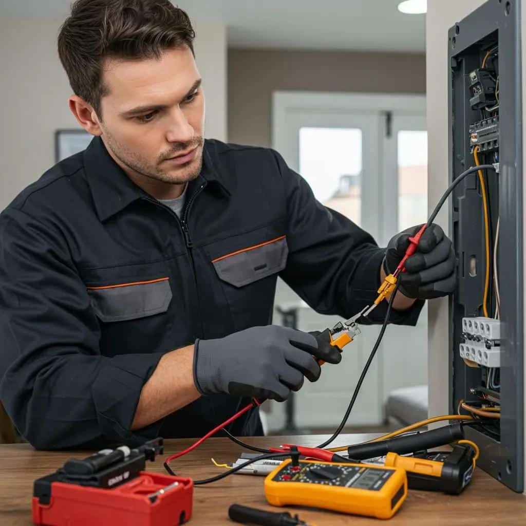 Electrician working on electrical wiring with tools, demonstrating emergency electrical services in a home setting in West Des Moines.