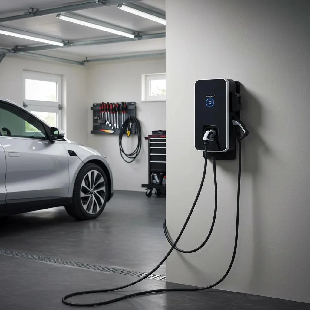 Home electric vehicle charger installation showcasing a sleek EV charger in a modern garage