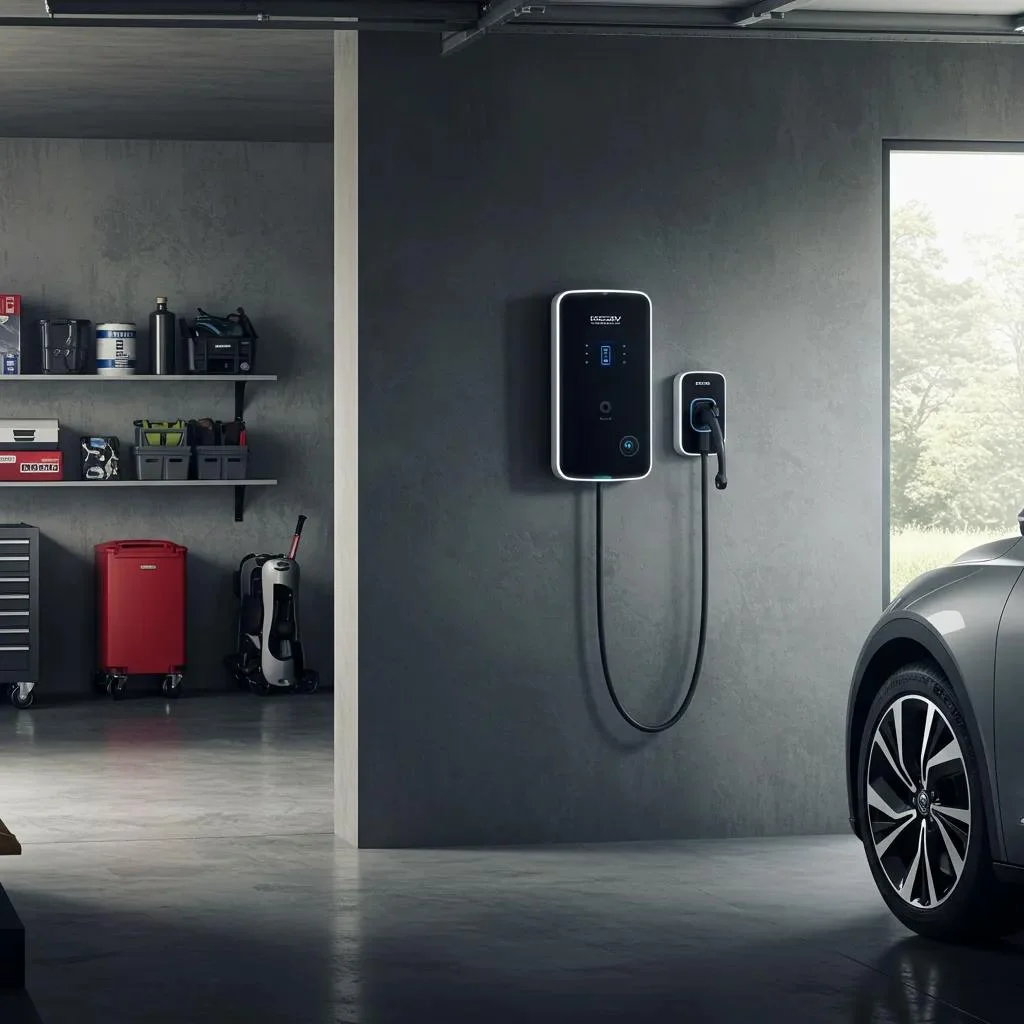 Home electric vehicle charging station in a modern garage