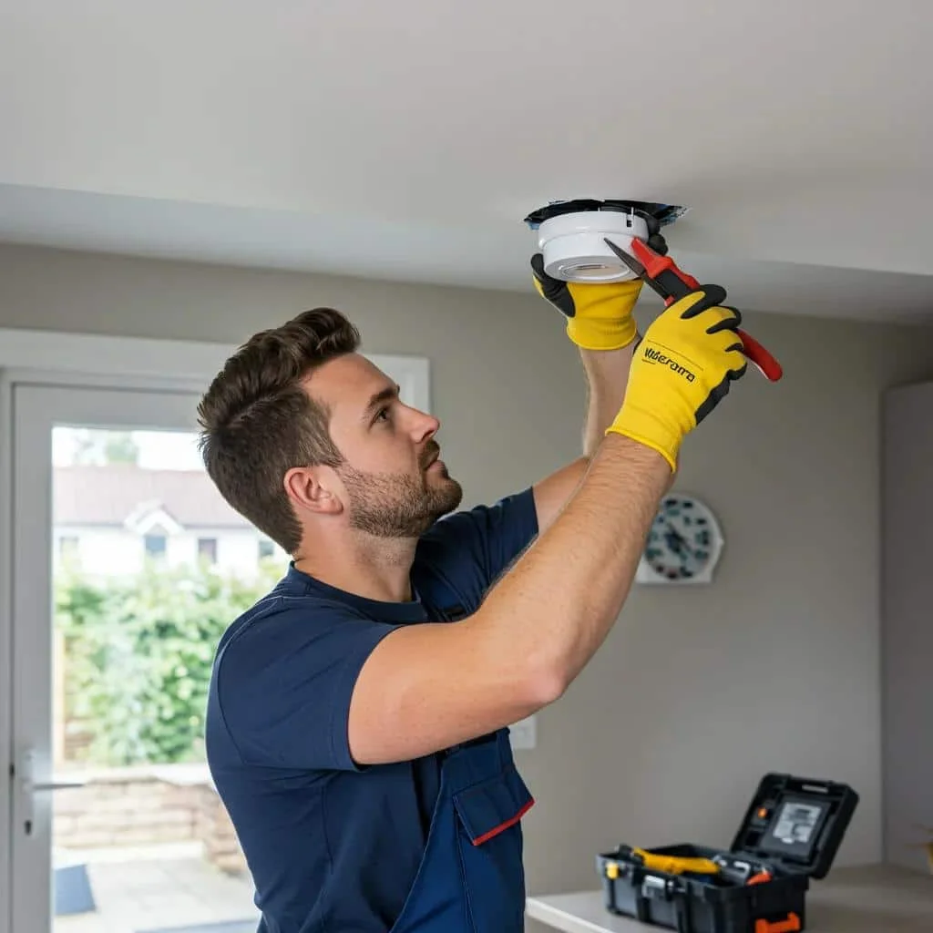 Technician installing a smoke detector in a modern home, emphasizing safety and professionalism