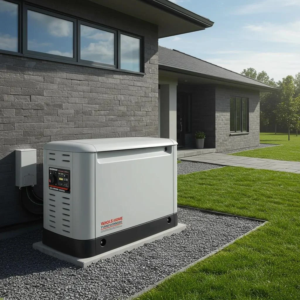 Whole-home standby generator installed outside a modern home in Urbandale, Iowa