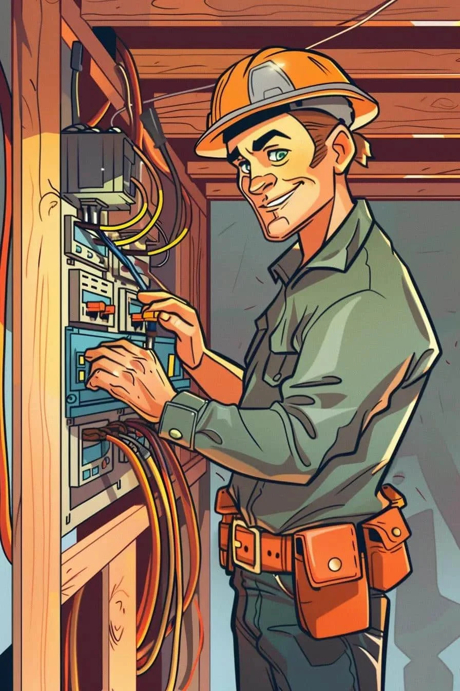 Electrician in hard hat working on electrical panel, showcasing professional installation of energy-efficient home automation solutions.