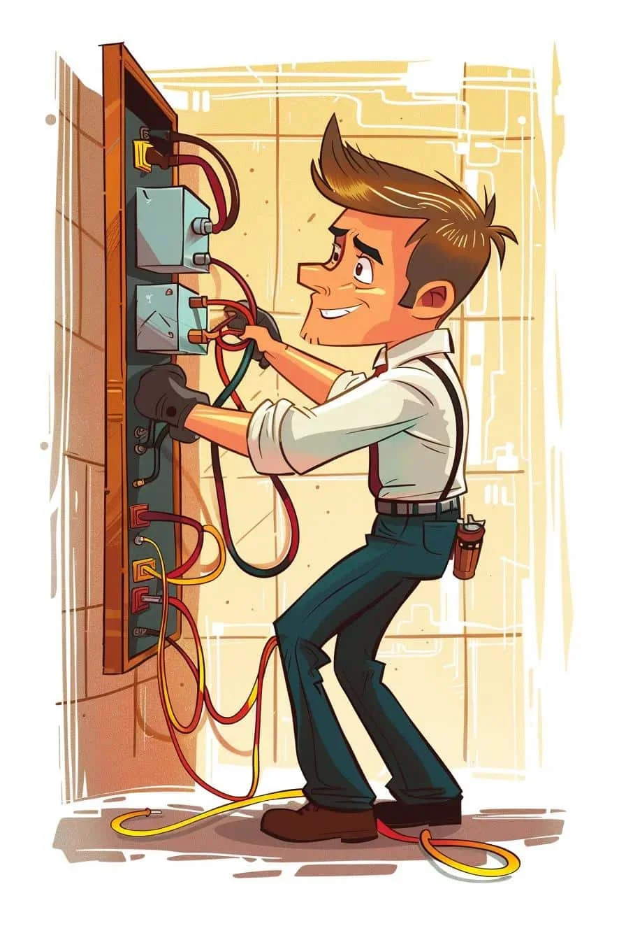 cartoon of a handsome professional  electrician in iowa working on Smart Home Wiring