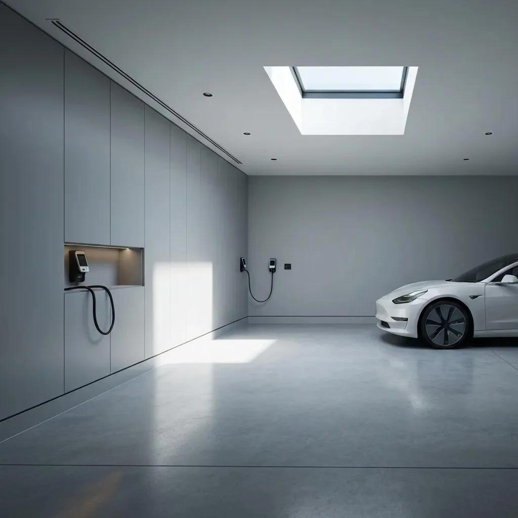 Electric vehicle charger installation in a modern garage with an EV parked nearby