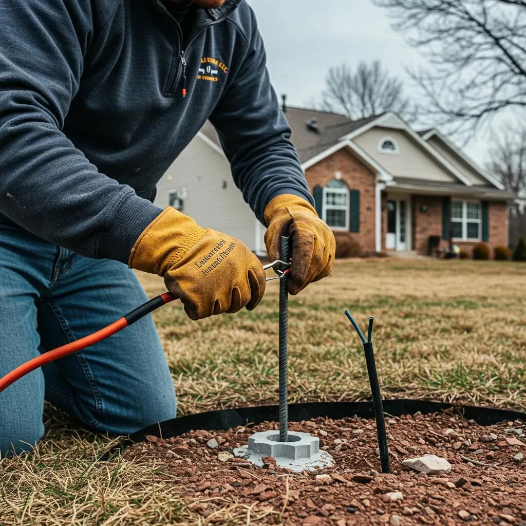 Electrician installing grounding system with tools, focused on grounding rod at residential property in Cedar Rapids, emphasizing safety and compliance for electrical systems.