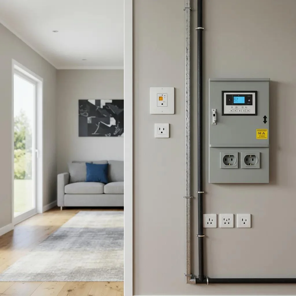 Modern home interior showcasing electrical safety features, including GFCI outlets, a well-maintained electrical panel, and visible wiring, emphasizing compliance with Urbandale electrical safety standards.