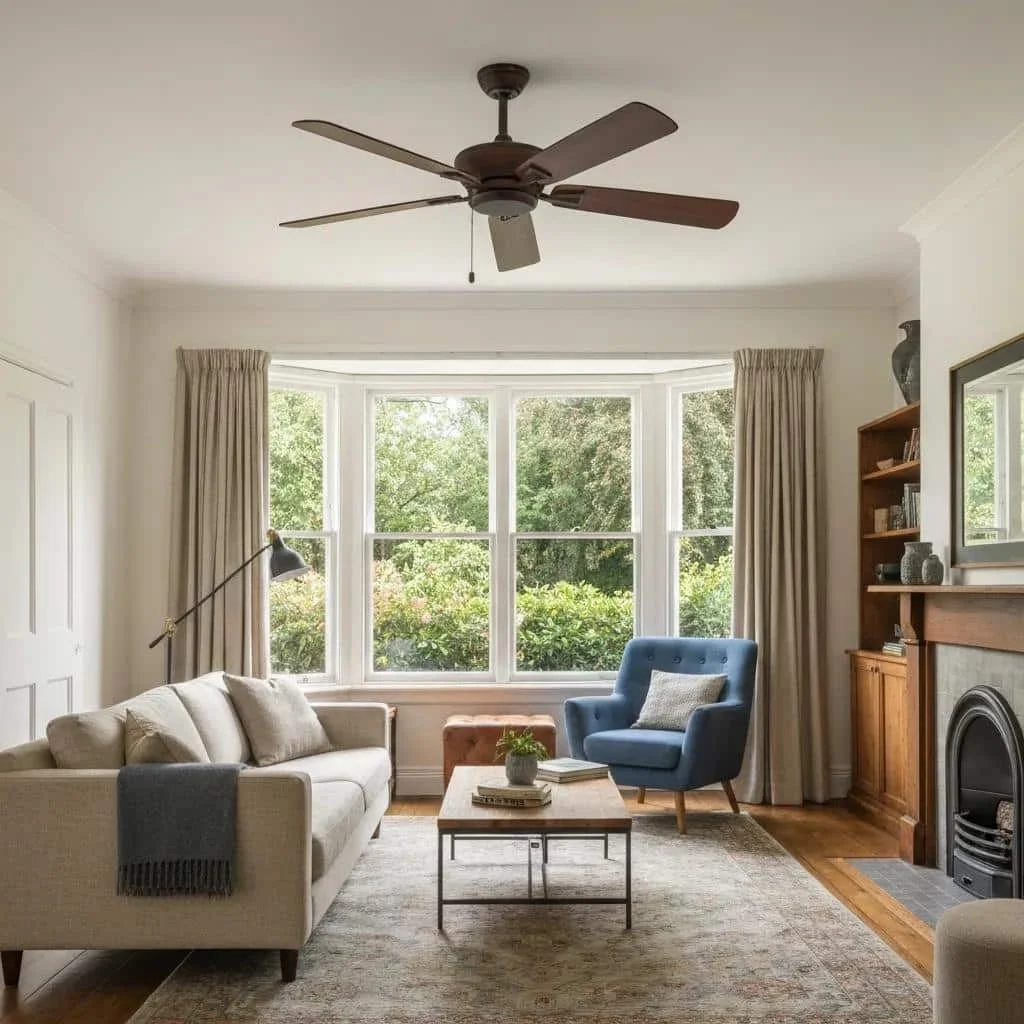 Stylish ceiling fan in a cozy living room, emphasizing home comfort and functionality, relevant to ceiling fan troubleshooting and electrical safety.