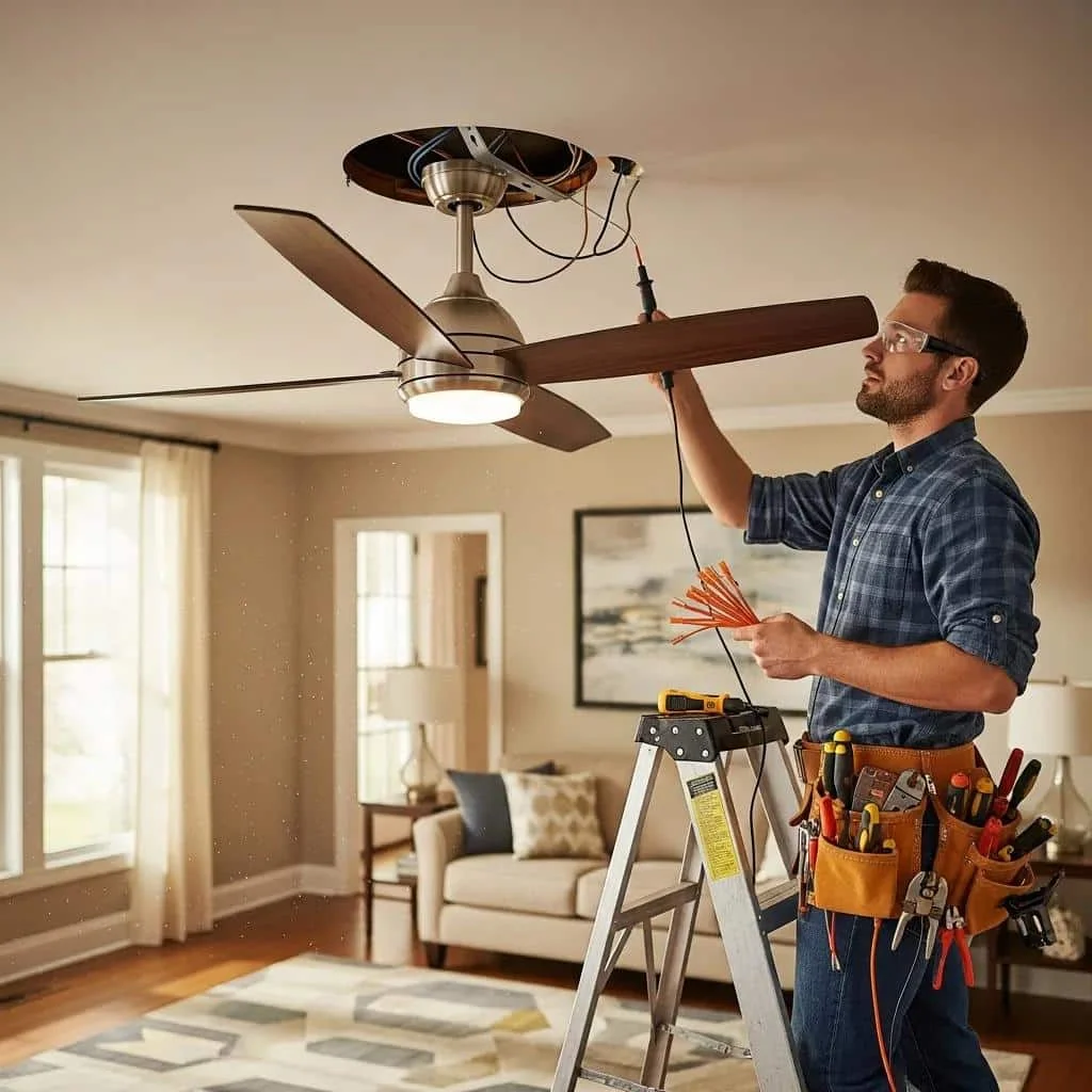 Modern ceiling fan installation by a licensed electrician in a stylish living room