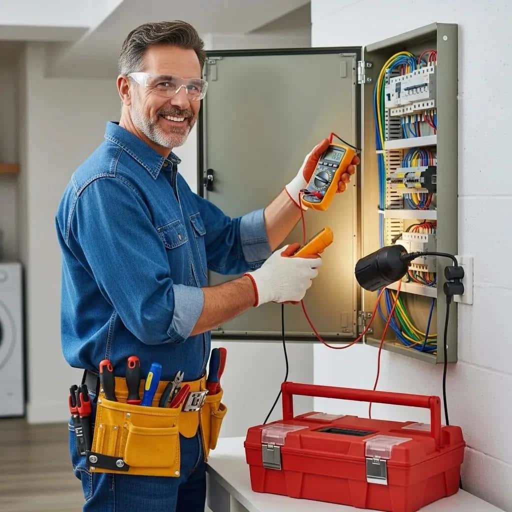 Local electrician working on a residential electrical panel, emphasizing safety and professionalism