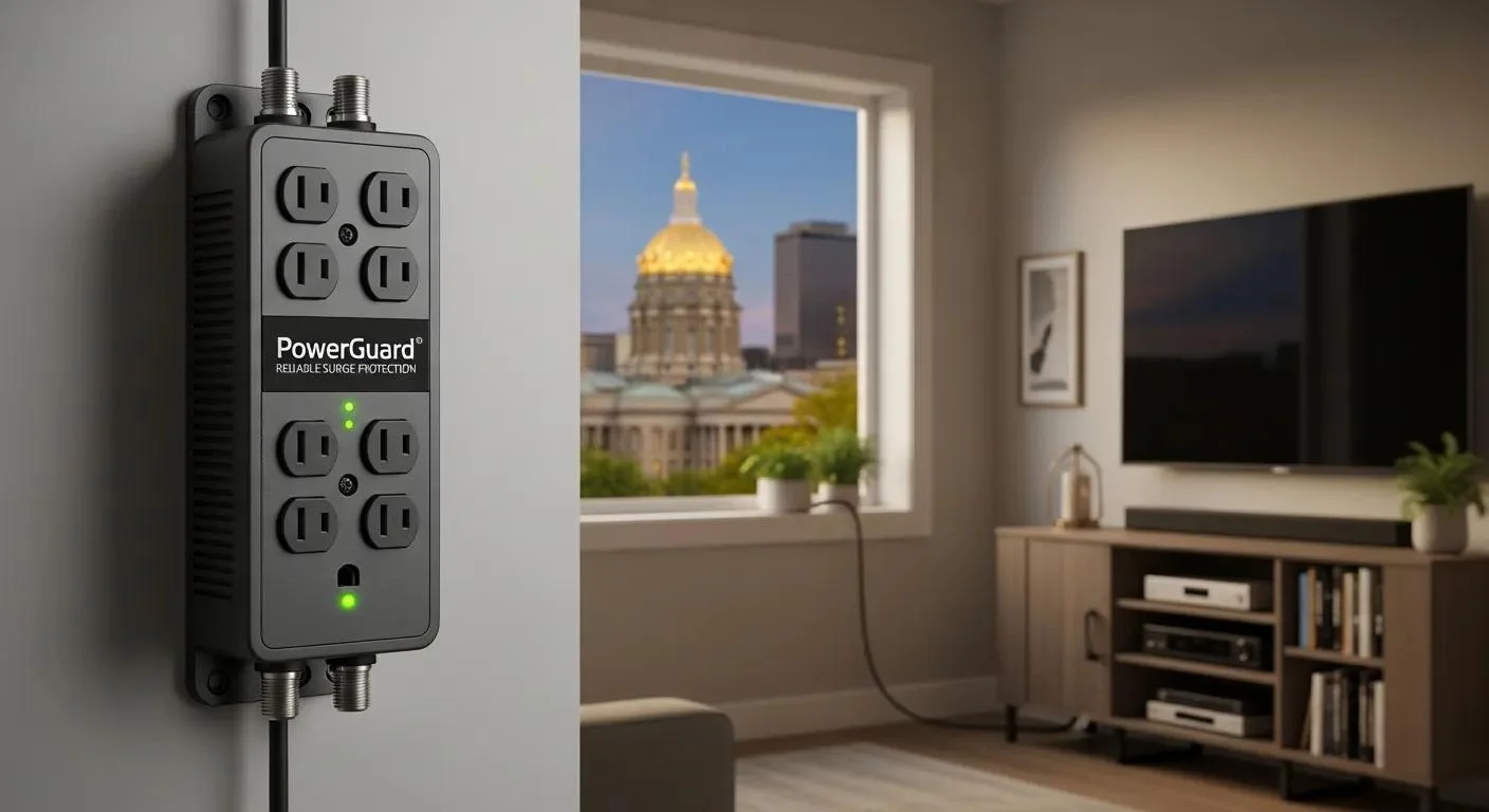 PowerGuard surge protector mounted on wall in modern living room, featuring multiple outlets and indicator lights, with city skyline visible through window.