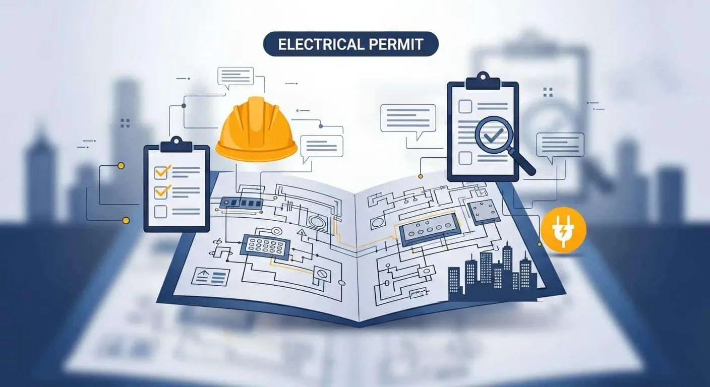 Illustration of an electrical permit process with a hard hat, checklists, and building plans, emphasizing electrical installations and compliance for homeowners.
