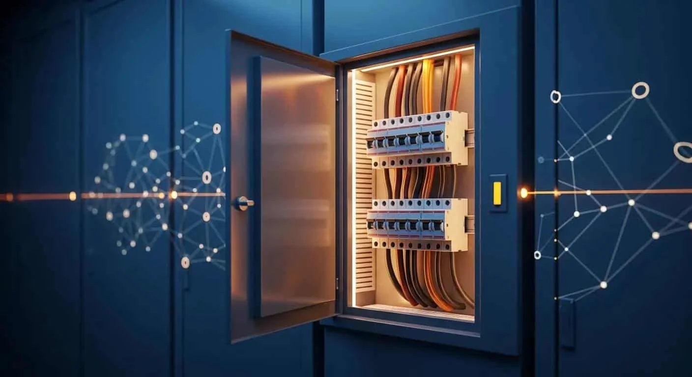 Electrical panel with open door showcasing circuit breakers and wiring, representing residential electrical efficiency and safety solutions.
