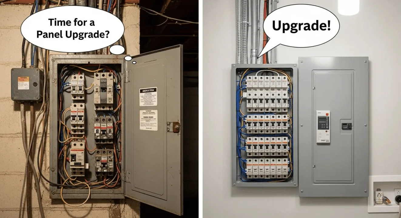 Electrical panel comparison showing an outdated panel with the text "Time for a Panel Upgrade?" and a modern panel with "Upgrade!" emphasizing the importance of electrical panel replacement for safety and efficiency.