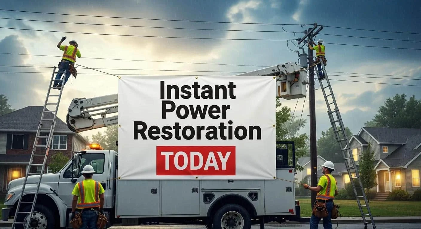 Electricians working on power lines with a banner reading "Instant Power Restoration TODAY," highlighting urgent electrical repair services in a residential setting.
