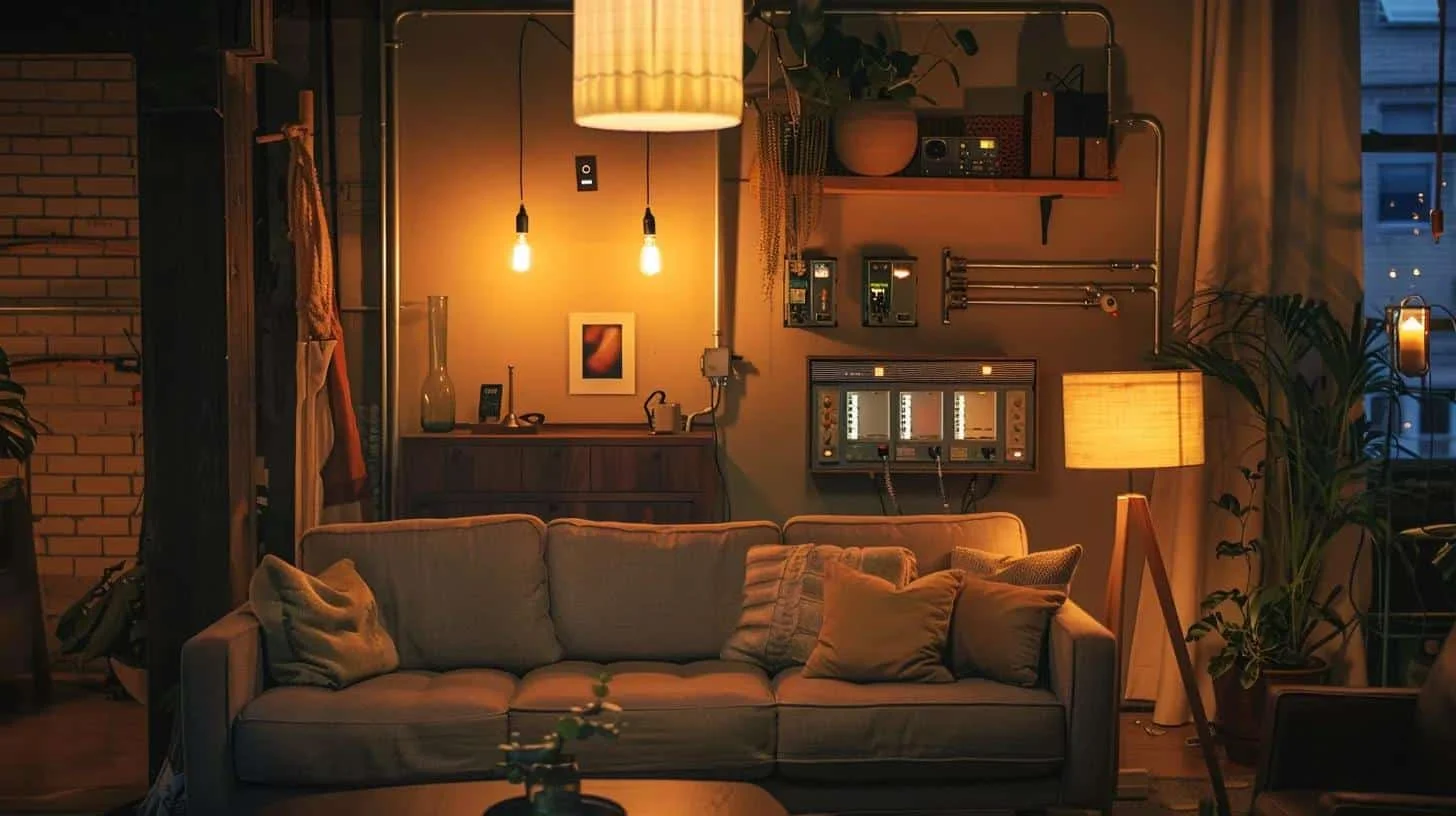 Cozy living room with vintage electrical fixtures and modern safety upgrades