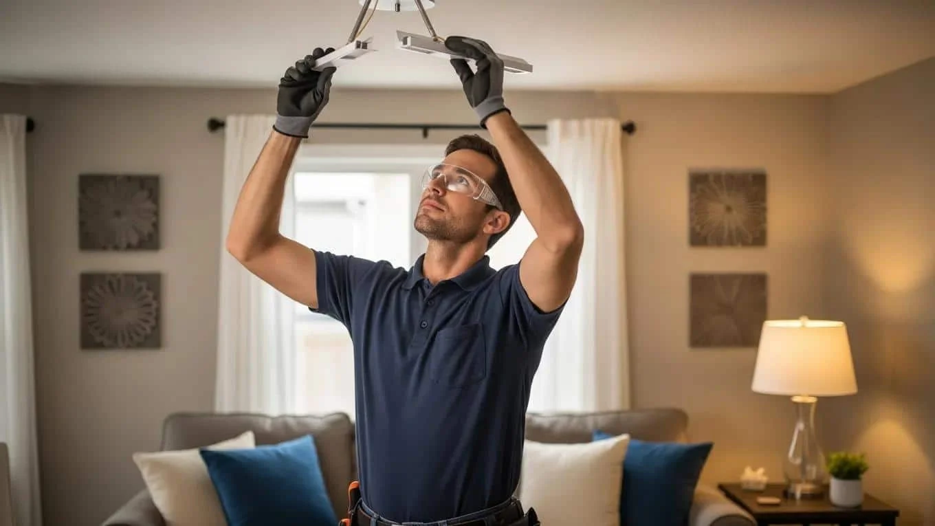 Licensed electrician working on a light fixture in a cozy home setting