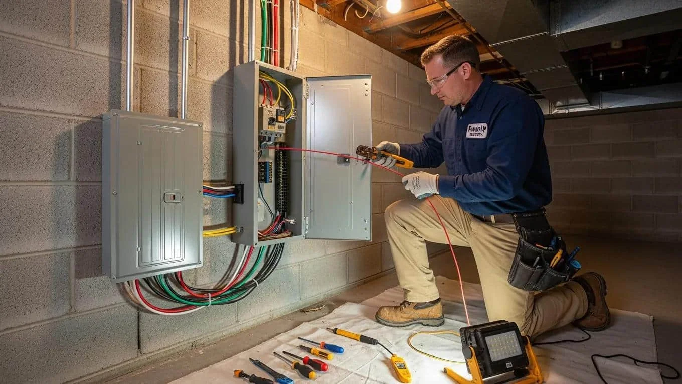 Electrician performing electrical panel upgrade in West Des Moines